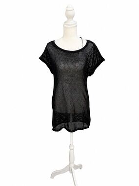 Halston Studio Black Mesh Knit Coverup Sweater NWT XS Sheer Fishnet Tunic